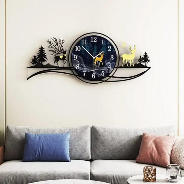 3D Wooden Deer Forest Wall Clock with Light – Blue Jungle Theme for Bedroom & Living Room