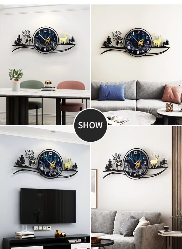 3D Wooden Deer Forest Wall Clock with Light – Blue Jungle Theme for Bedroom & Living Room