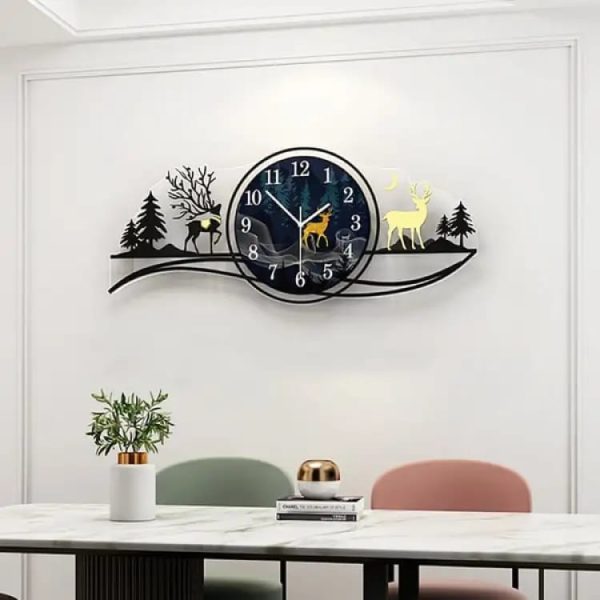 3D Wooden Deer Forest Wall Clock with Light – Blue Jungle Theme for Bedroom & Living Room
