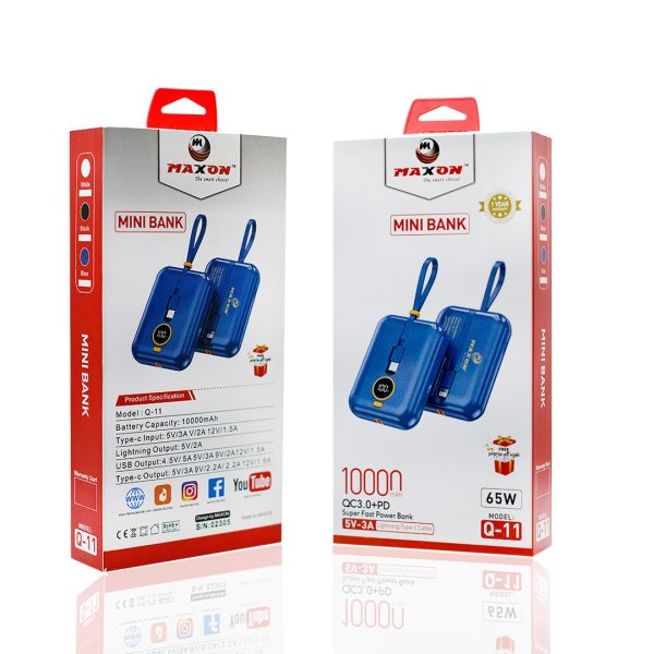 Maxon Q-11 10000mAh 65W Mini Power Bank | Fast Charging | Built-in iOS & Type-C Cables