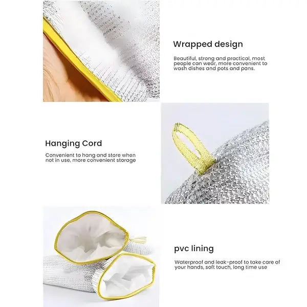 PACK OF 2. Multipurpose Wire Dishwashing Gloves – Non-Scratch Steel Wire Cleaning Cloth Gloves for Wet & Dry Use | Heat-Resistant Aluminum Kitchen Gloves for Dishes & Surfaces