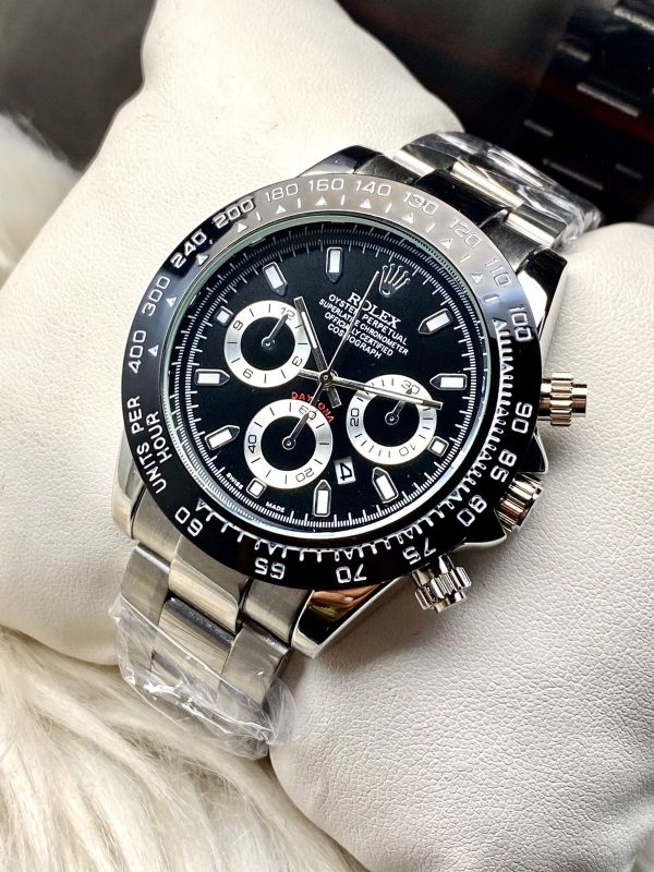 Rolex Daytona Rotating Bezel Quartz Machine | Quartz Chronograph Movement Silver Stainless Steel Strap Watch With Master Lock For Men ( With Normal Box )