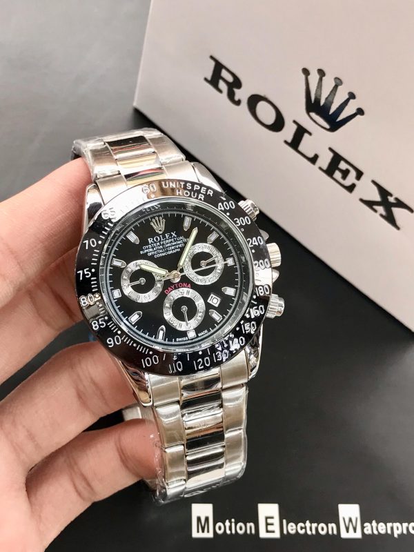Rolex Daytona Rotating Bezel Quartz Machine | Quartz Chronograph Movement Silver Stainless Steel Strap Watch With Master Lock For Men ( With Normal Box )