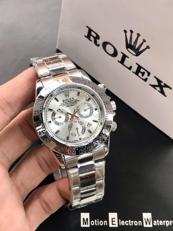 Rolex Daytona Rotating Bezel Quartz Machine | Quartz Chronograph Movement Silver Stainless Steel Strap Watch With Master Lock For Men ( With Normal Box )