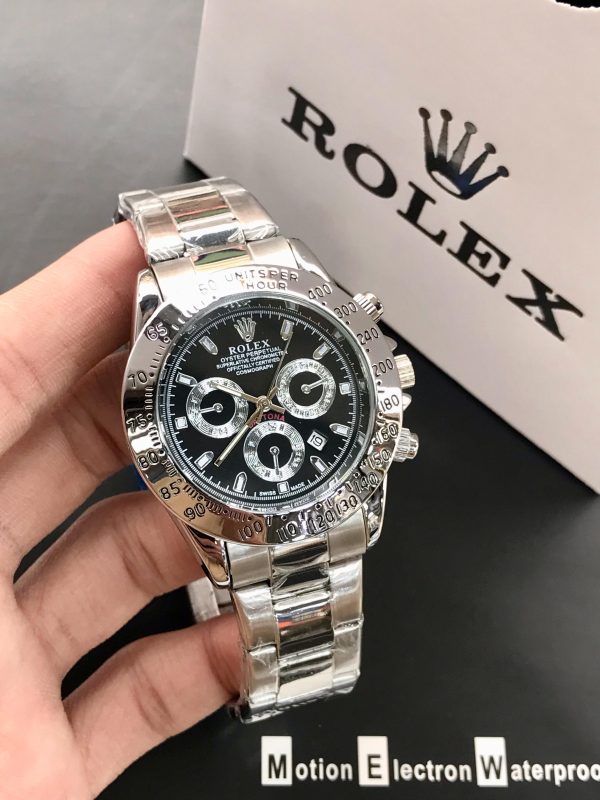 Rolex Daytona Rotating Bezel Quartz Machine | Quartz Chronograph Movement Silver Stainless Steel Strap Watch With Master Lock For Men ( With Normal Box )
