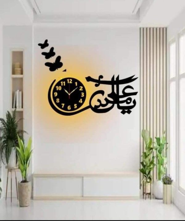 Ya Ali Madad 3D Wall Clock with Light – Illuminated Islamic Calligraphy for Home & Office